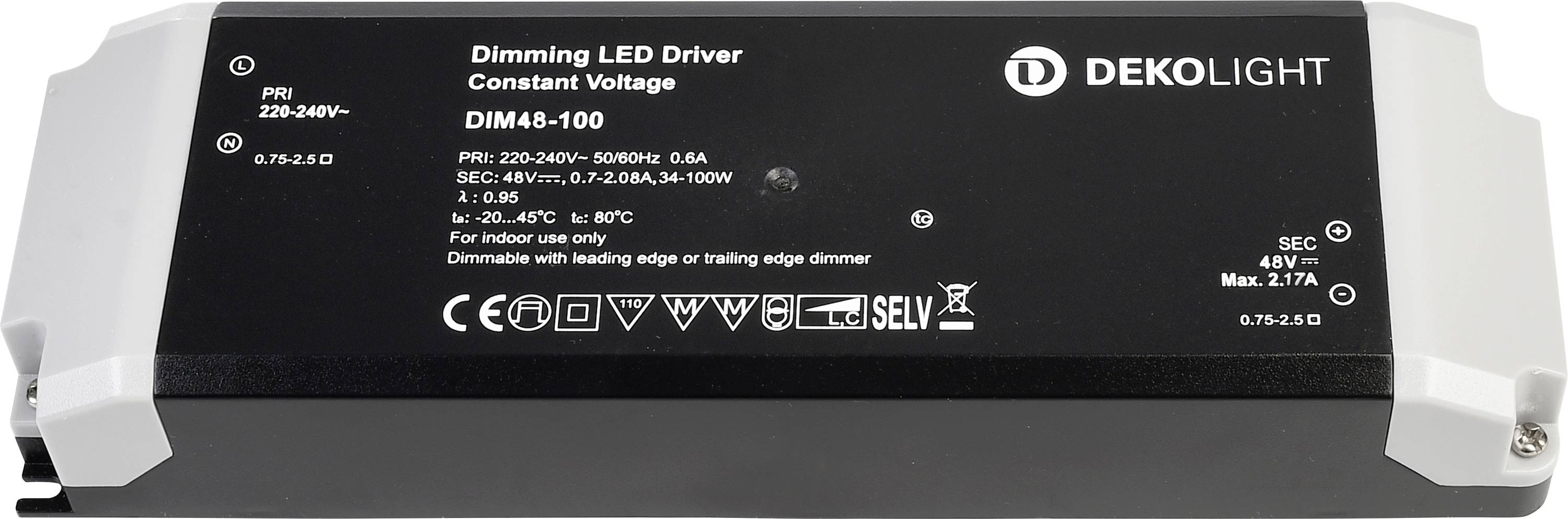 Zatemnljiv LED gonilnik znamke Dekolight s konstantno napetostjo. Model DIM48-100, vhod: 220-240V, izhod: 48V, maks.: 2,1A.