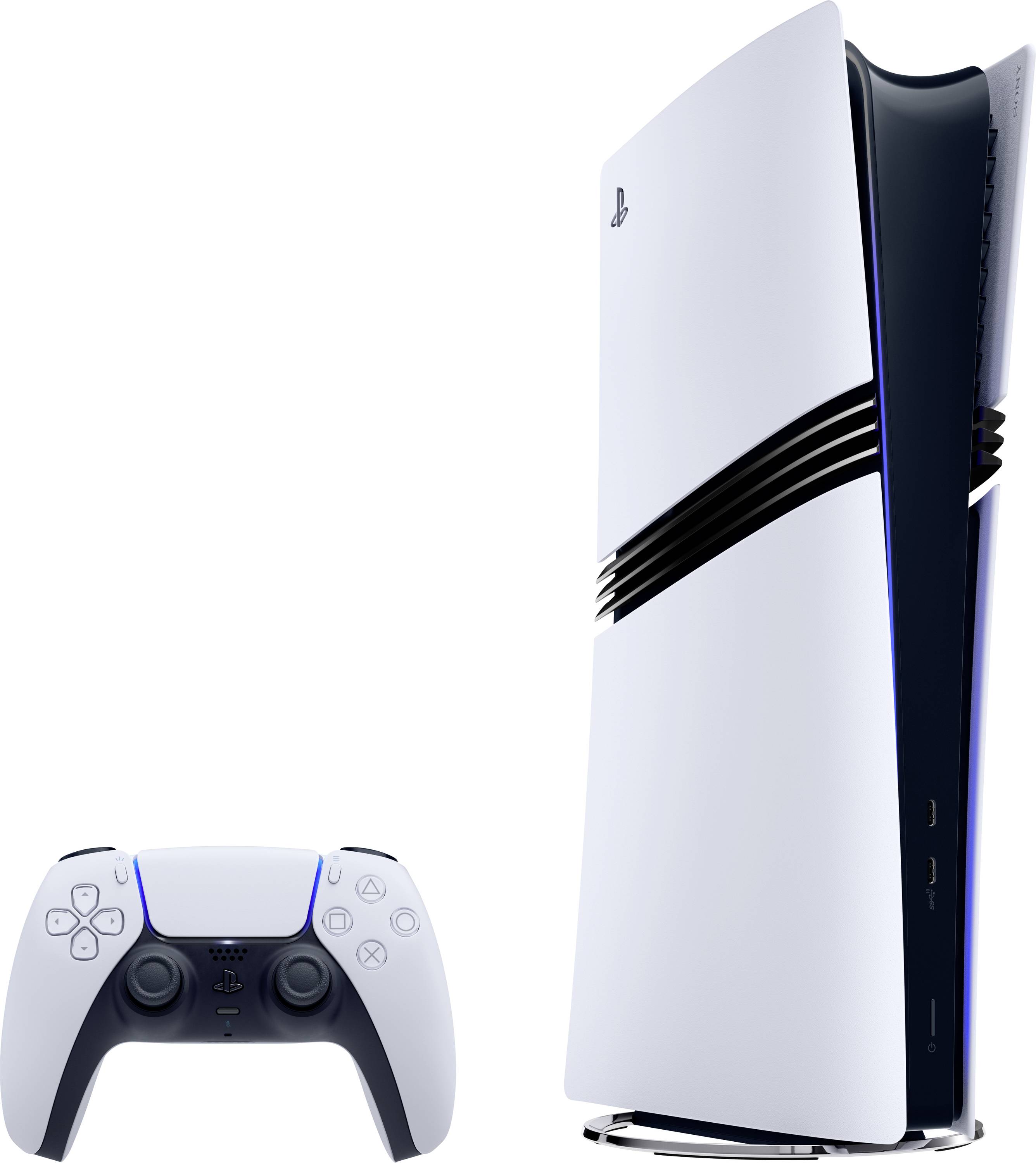 Bela igralna konzola s pripadajočim kontrolerjem, postavljena pokončno.