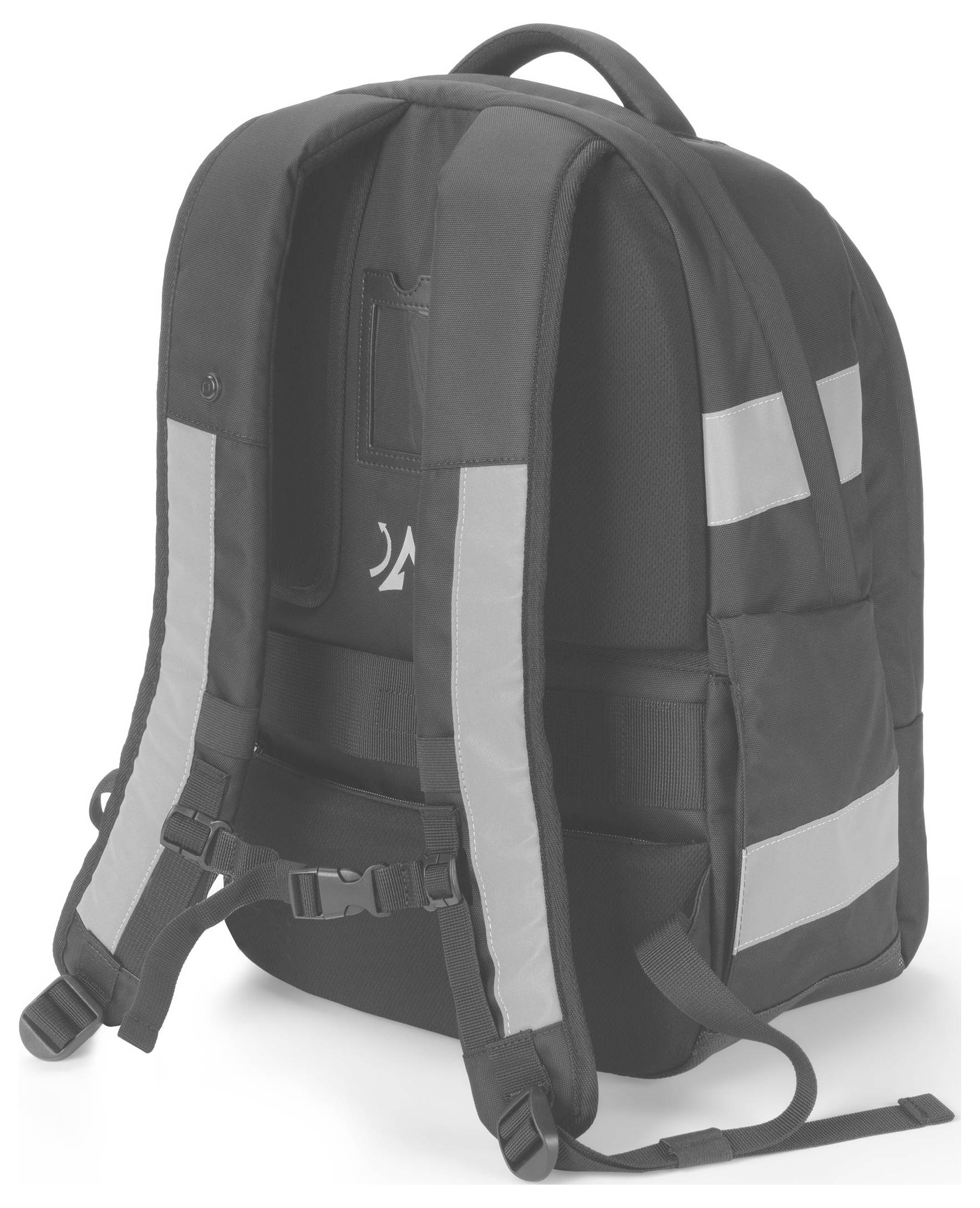 Črn nahrbtnik z odsevnimi trakovi na naramnicah, pogled od zadaj, prikazuje varnostne značilnosti za boljšo vidljivost.