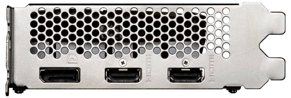 Zadnja stran grafične kartice z ventilacijsko rešetko in tremi priključki: en DisplayPort in dva HDMI-priključka.