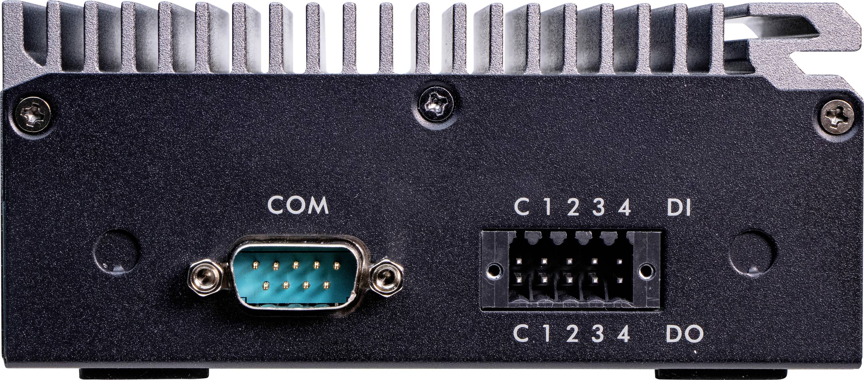 Pogled od zadaj na elektronsko napravo s COM priključkom in drugimi priključki, označenimi kot 'C1-4', 'DI', 'DO'.