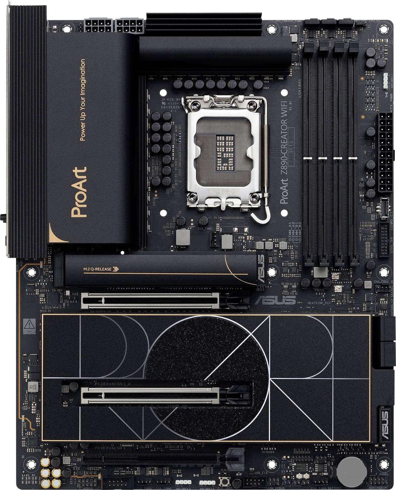 ProArt Z690-CREATOR WIFI matična plošča z več RAM-režami in PCIe-režami, primerna za zmogljive računalnike.