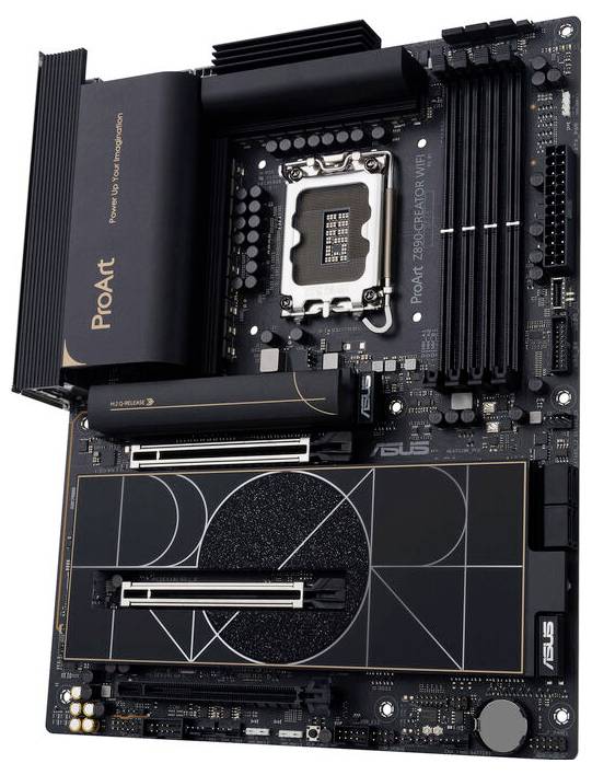 ProArt Z690-Creator WiFi-matična plošča prikazuje reže za RAM, CPU in PCIe s sodobnim načrtom vezja, optimizirana za ustvarjalne delovne tokove.