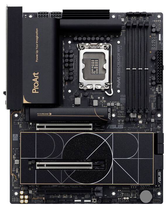 Matična plošča znamke Asus, model 'ProArt Z690-Creator WIFI', z več režami za RAM in priključki za profesionalne aplikacije.