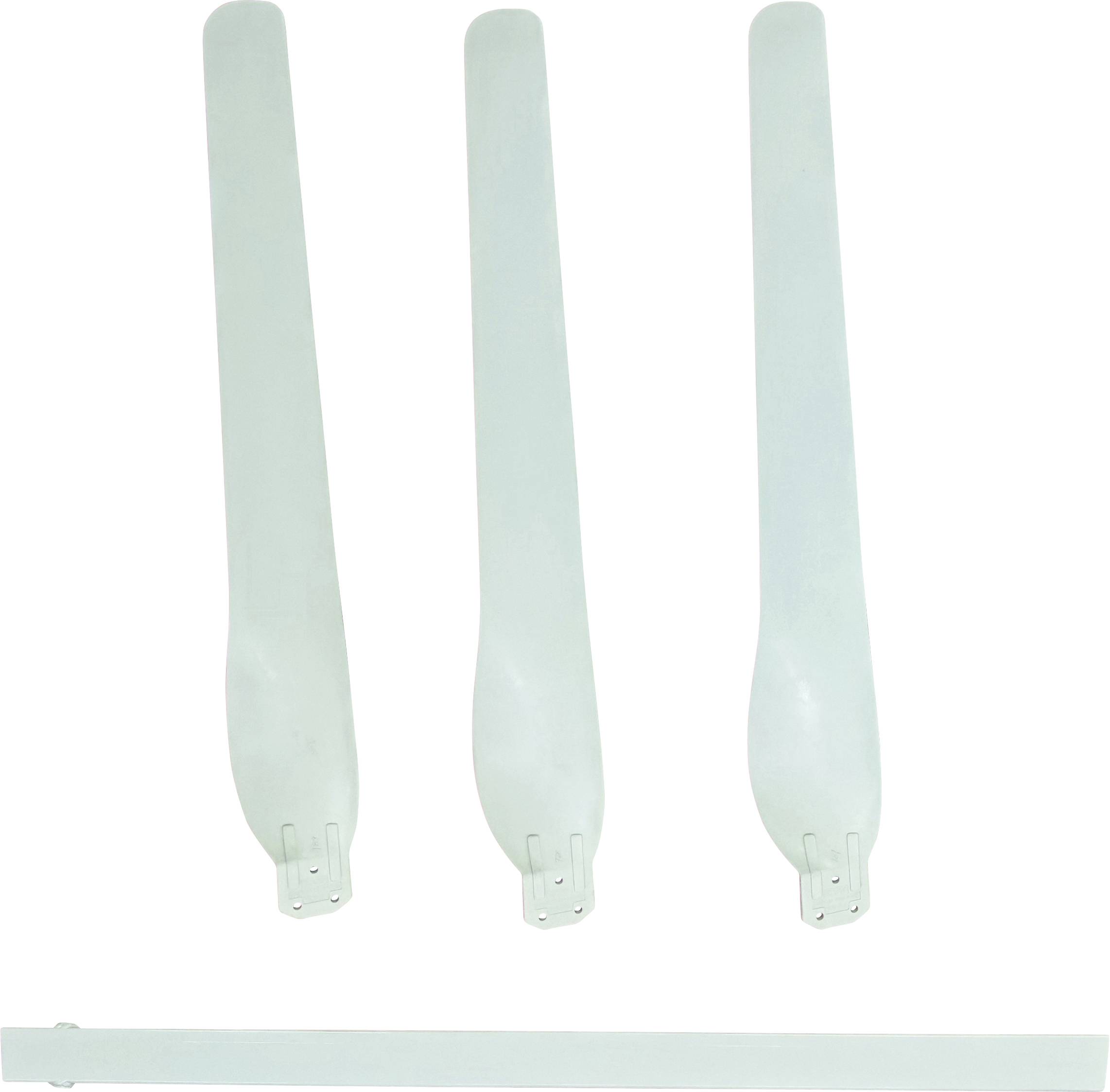 Tri bele rotacijske lopatice in tanko belo letvico za namizni ventilator, na beli podlagi.