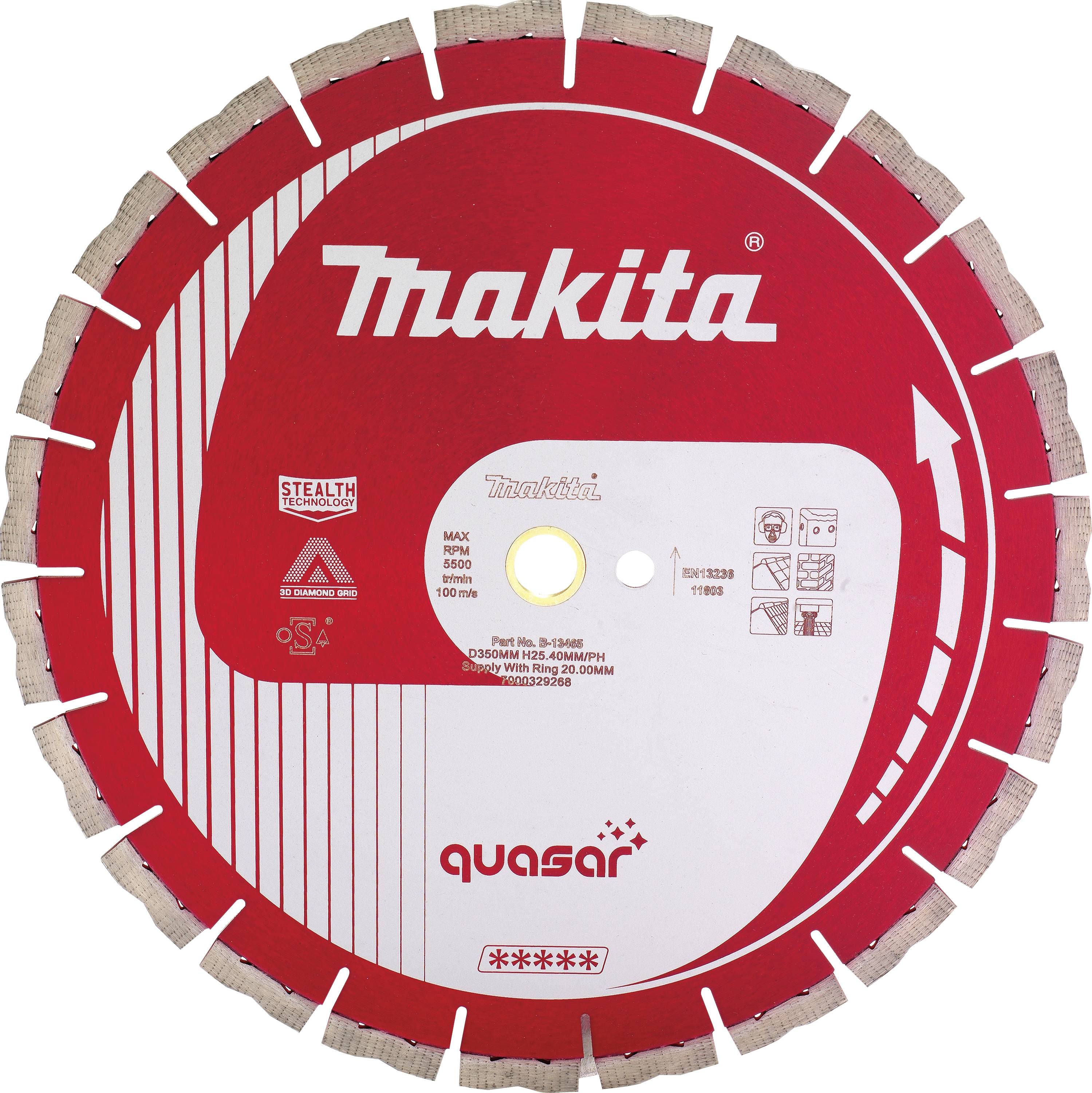 Rdeč diamantni rezalni disk Makita z žaginimi zobmi, primeren za hitro rezanje betona in zidakov, premer 230 mm.