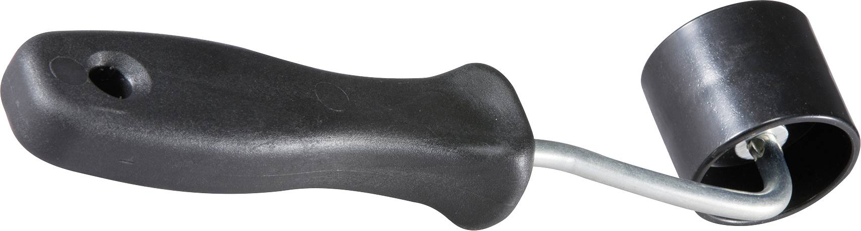 Črn ročni valjček z ergonomskim ročajem in cilindričnim kolesom, značilen za tapetarska dela ali uporabo v tiskarstvu.