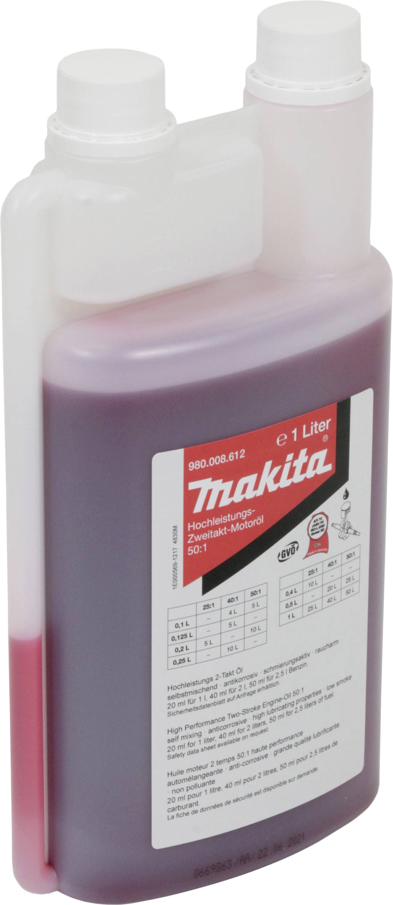 Rdeča steklenica z nalepko 'Makita 1 liter visoko zmogljivega motornega olja za 2-taktne motorje', z merilno funkcijo in informacijami o izdelku.