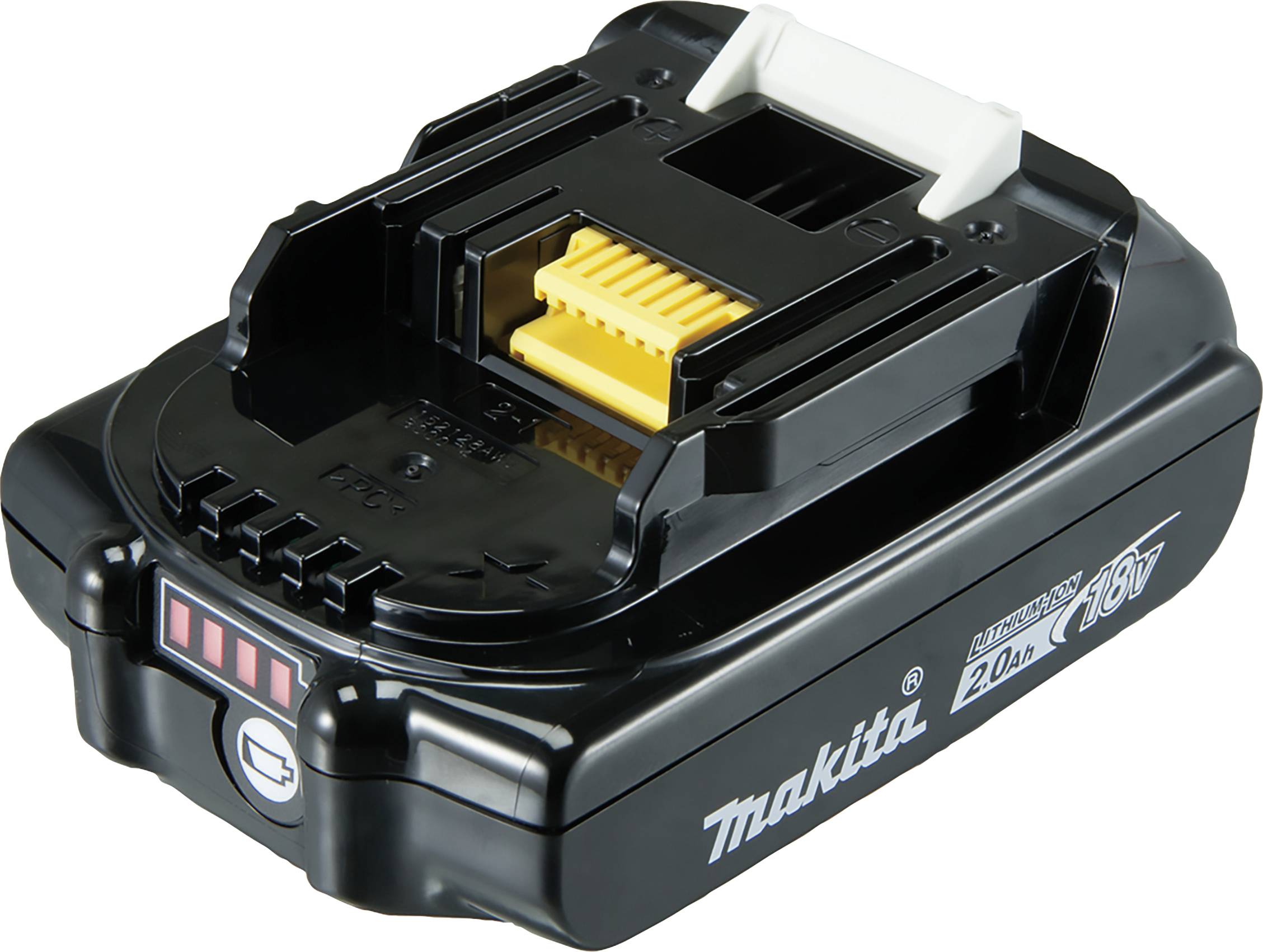 Črni Makita akumulator z rumenimi kontakti, 18V, 2.0 Ah. Stanje polnjenja je prikazano z rdečo LED-lučko.