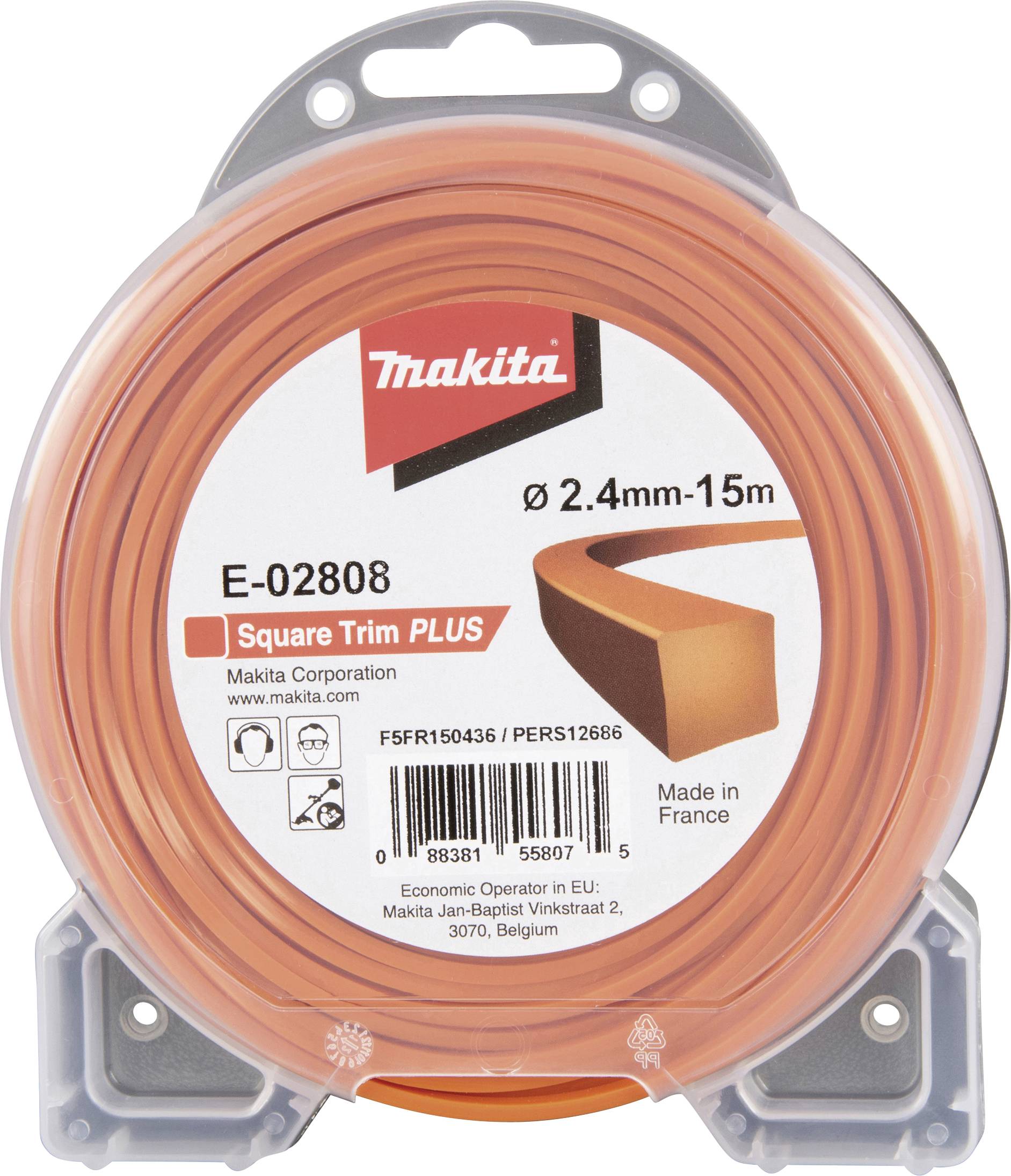 Kolutek oranžne rezalne vrvice znamke Makita, model E-02808. Premer 2,4 mm, dolžina 15 m. Narejeno v Franciji.