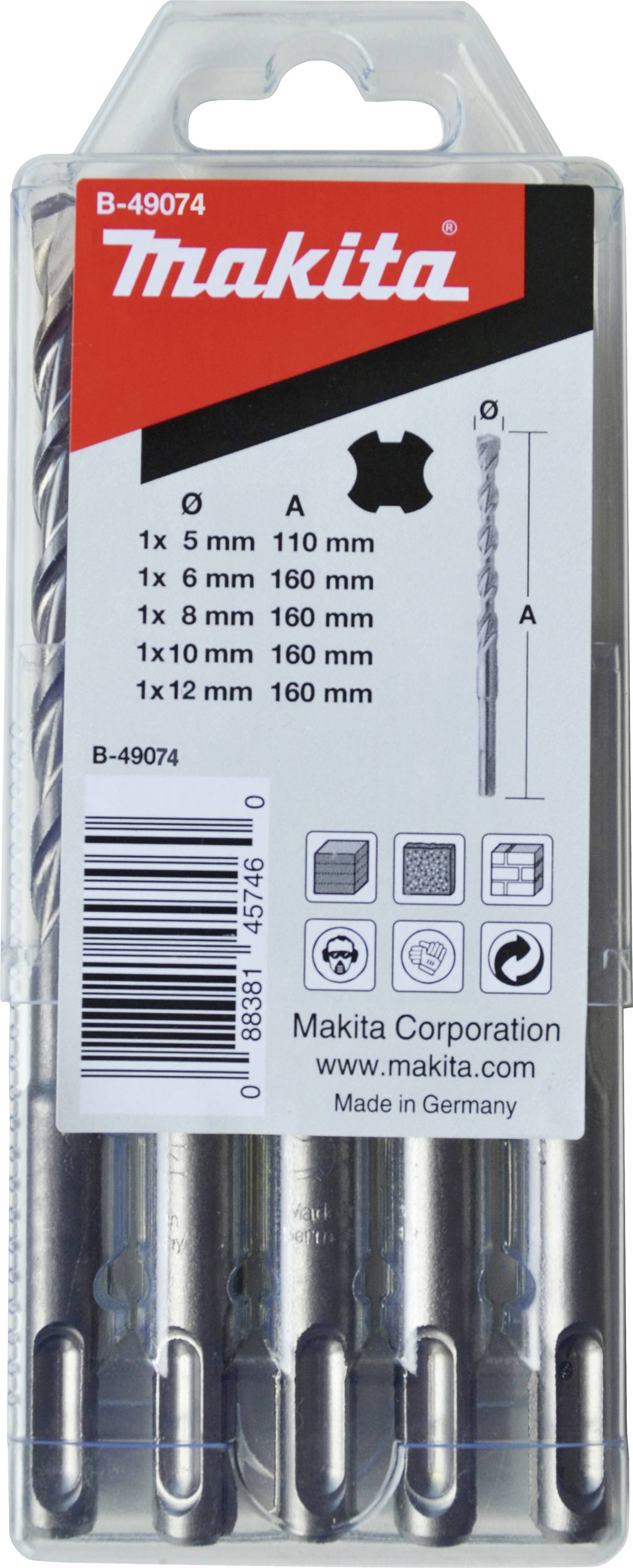 Komplet svedrov Makita, sestavljen iz petih svedrov različnih velikosti (od 5 mm do 12 mm) v prozorni plastični embalaži.