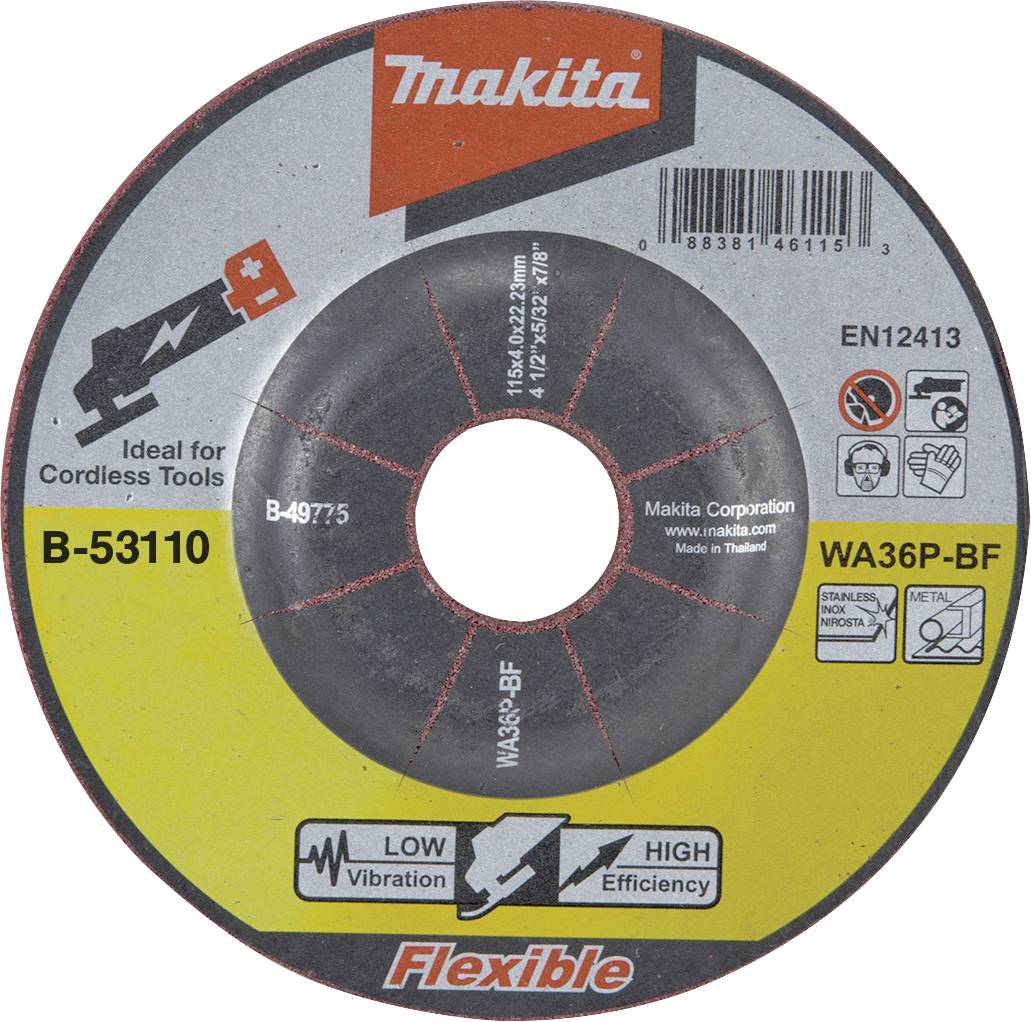 Makitina brusilna plošča za akumulatorsko orodje, model WA36P-BF, premer 125 mm, debelina 1,6 mm, primerna za kovino.