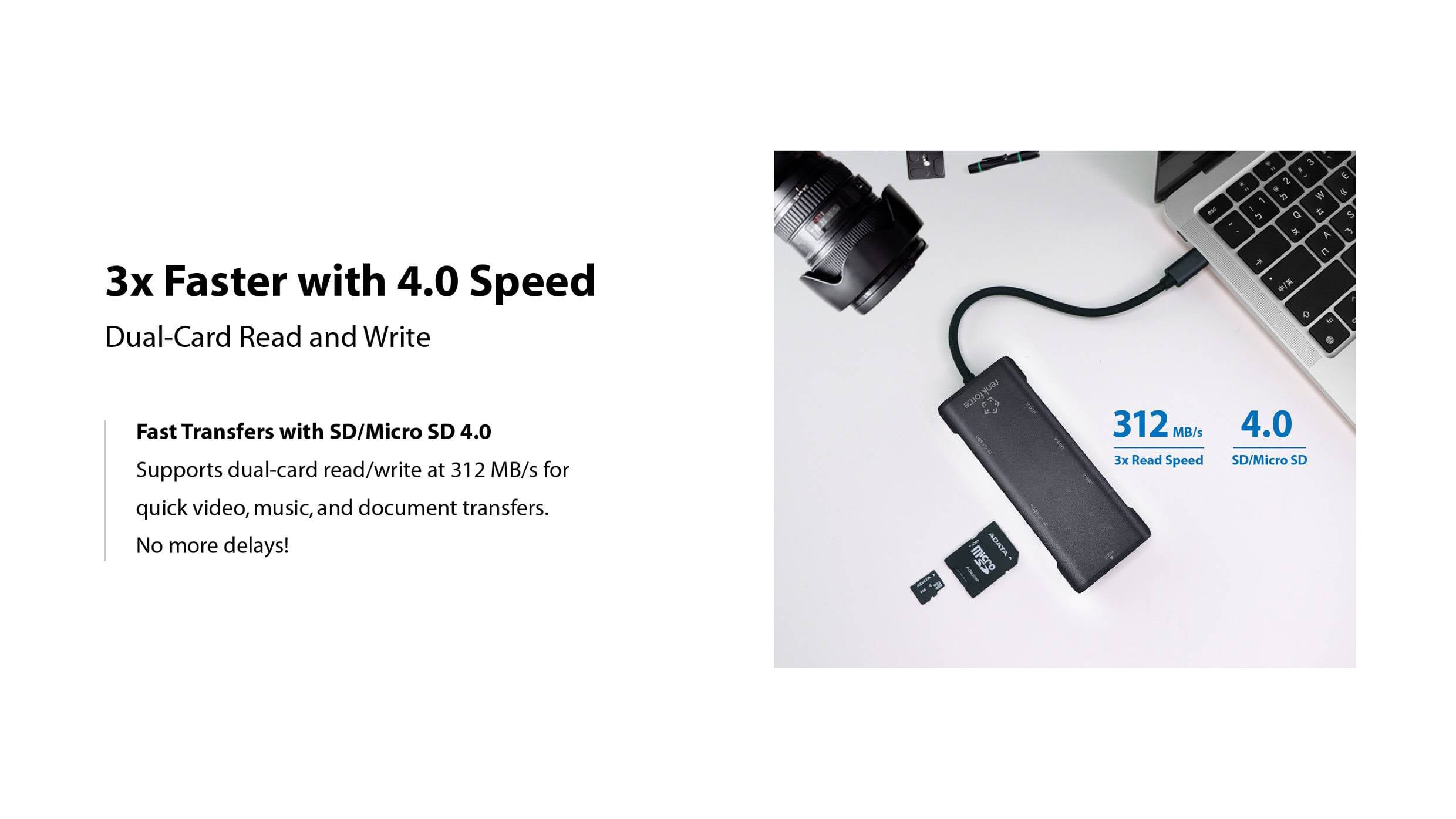 Prenosnik z bralcem SD kartic, povezan s kablom; zraven ležita razstavljena SD kartica. Besedilo pravi '3x hitrejše s hitrostjo 4.0, 312 MB/s.'