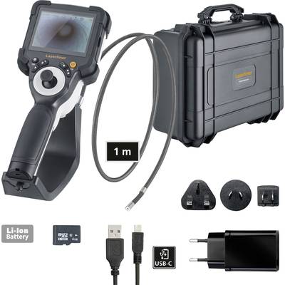 Endoskopska kamera s prikazovalnikom, fleksibilno 1-metrsko cevjo, trdo škatlico, USB-C kablom, SD kartico, litij-ionskim akumulatorjem in različnimi adapterji.