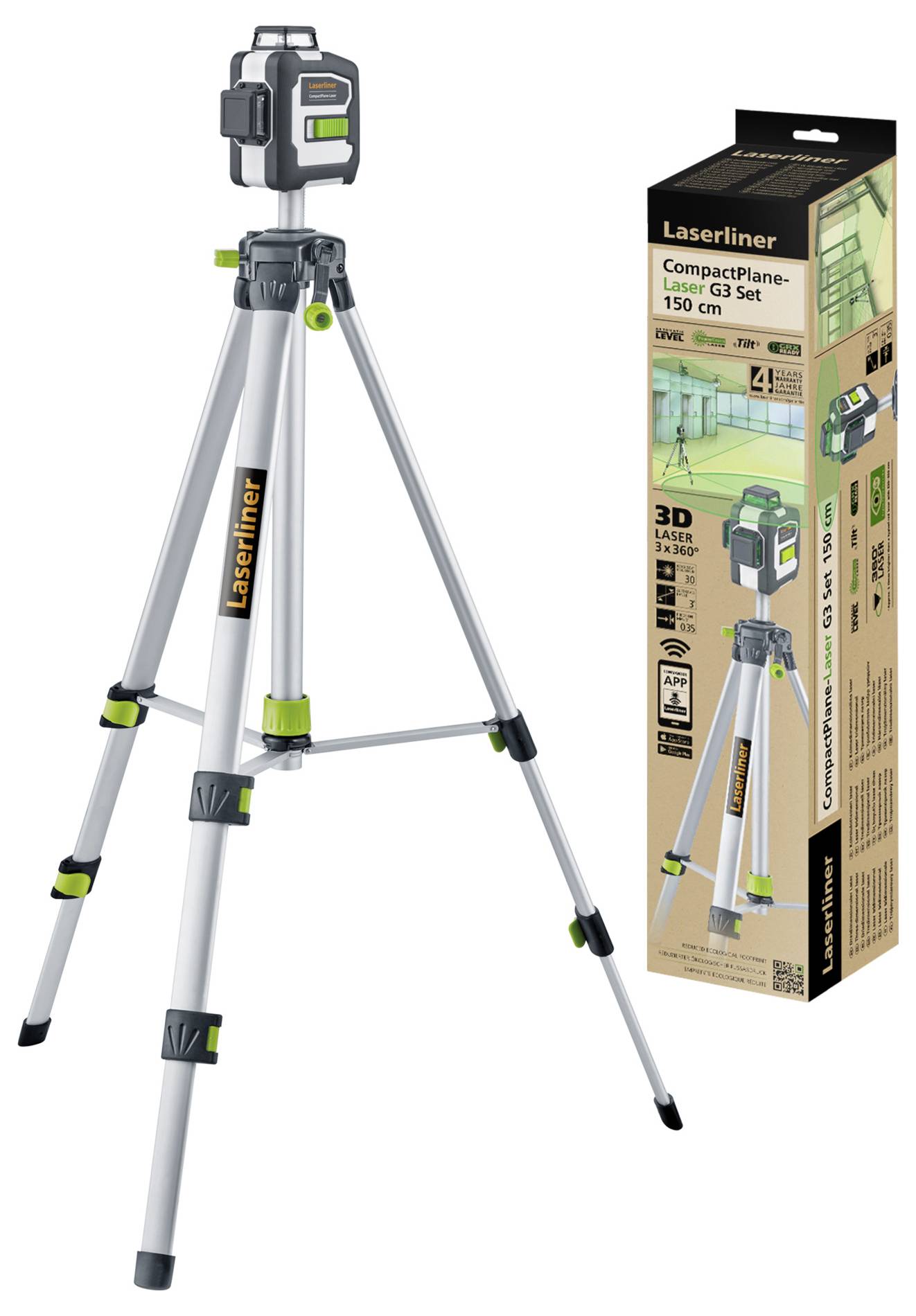 Laserliner CompactPlane-150 G1 Set: Nivelirna naprava s stativom za natančne meritve. Škatla prikazuje podrobnosti izdelka in slike uporabe.