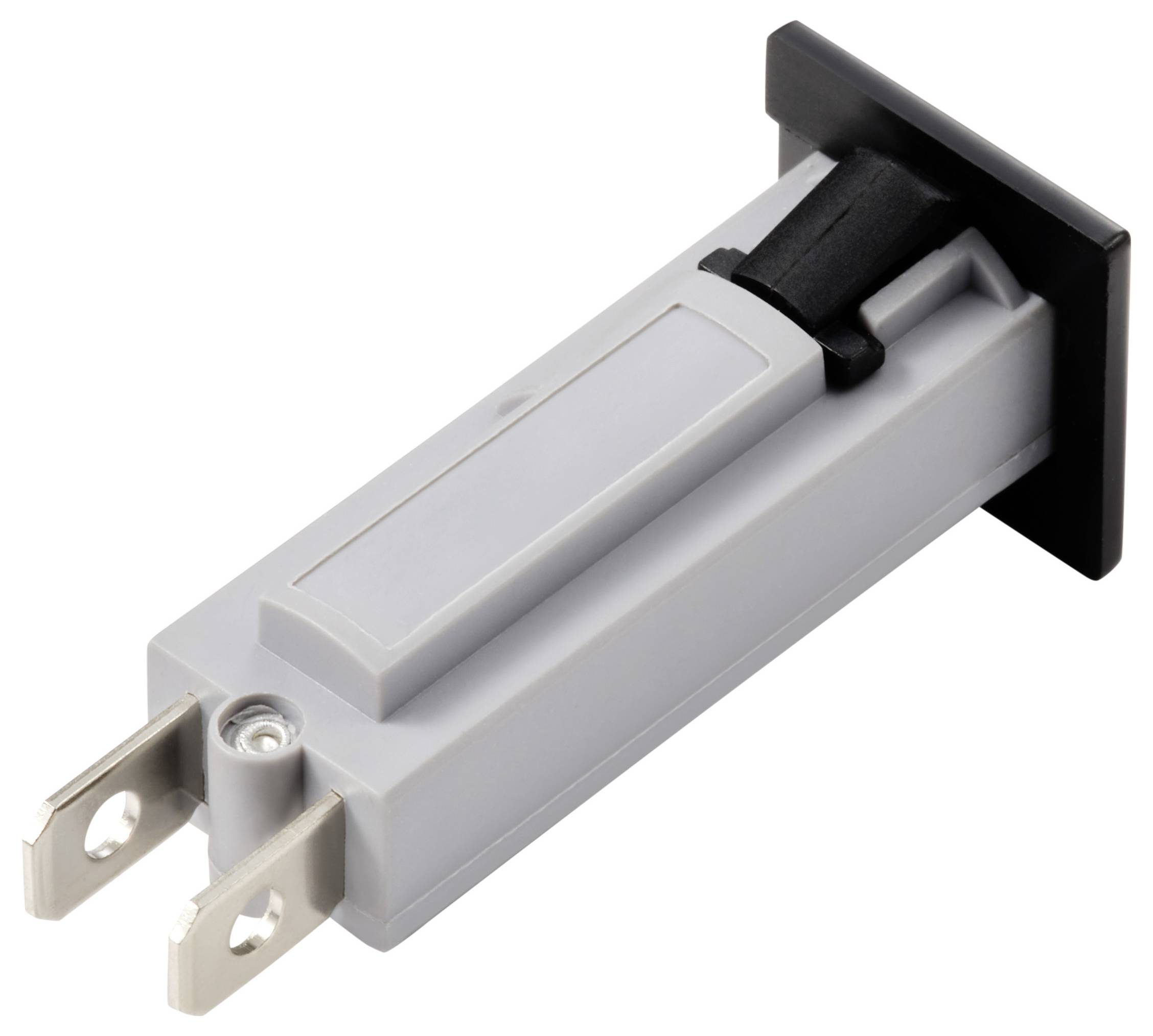 Siv, pravokoten električni element s srebrnimi priključnimi kontakti in črno glavo, verjetno varovalčno ohišje.