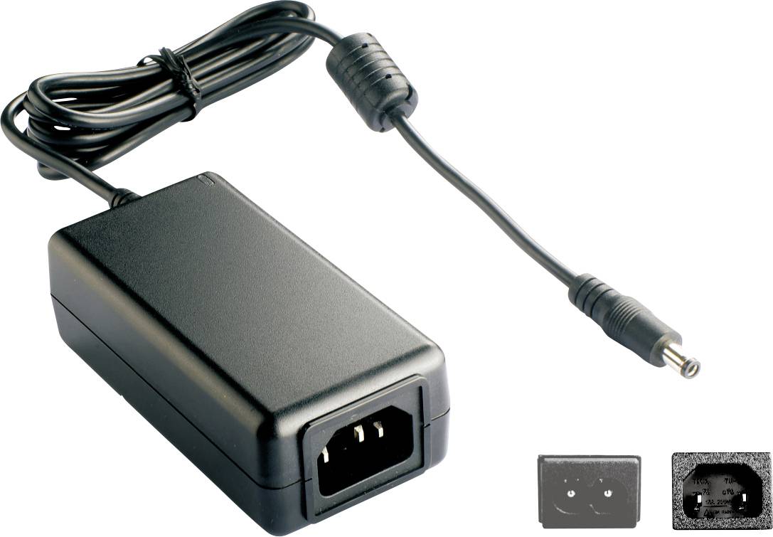 Zunanji črni omrežni adapter z enim kablom in okroglim vtičem. Primeren za priklop na elektronske naprave.