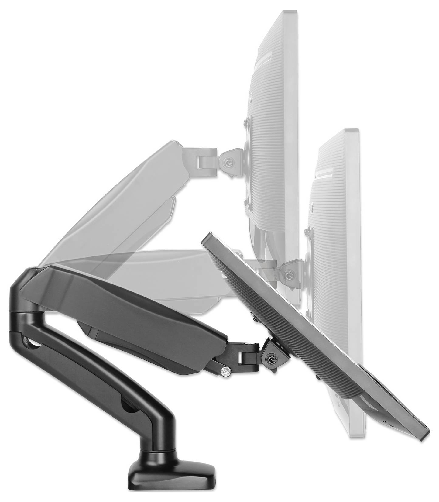 Monitor z nastavljivo roko prikazuje različne položaje monitorja, od pokončnega do nagnjenega.
