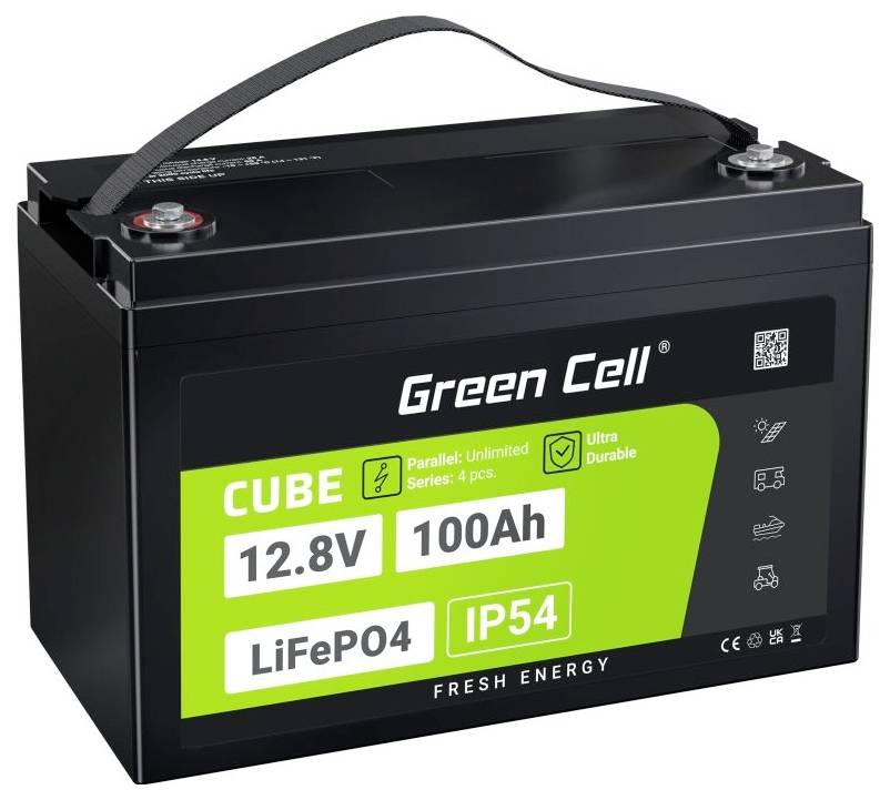 Baterija z napisom 'Green Cell CUBE', 12,8V, 100Ah, LiFePO4, IP54. Primerna za vzporedni priklop, vzdržljiva.