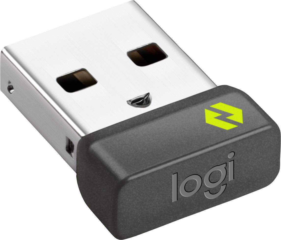 Logitechev USB brezžični sprejemnik z logotipom, pravokotne oblike, črne in srebrne barve, namenjen brezžični povezavi perifernih naprav.