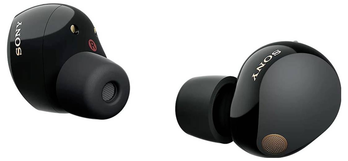 Brezžične črne slušalke z logotipom Sony, majhnim mikrofonom in ergonomsko obliko. Idealne za uživanje v glasbi med potjo.