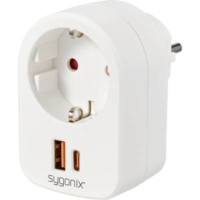 Bela vtičnica z dvema vgrajenima USB priključkoma, spodaj ime znamke 'sygonix'. Maksimalna moč: 3680W, 250V.