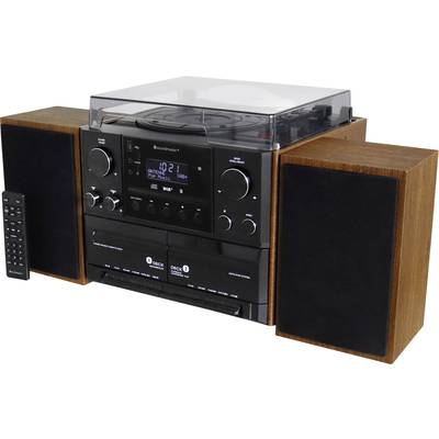 Stereo sistem z lesenimi zvočniki, CD-predvajalnikom, kasetnim magnetofonom in gramofonom. Digitalni zaslon prikazuje 'Lodge'.