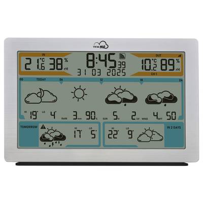Digitalna vremenska postaja prikazuje: 21,6°C 38% vlažnosti zraka, ura 8:45, datum 31. 03. 2025. Vremenska napoved s soncem in oblaki.