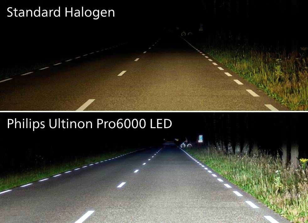 Zgoraj: Cesta s šibko osvetljavo standardnih halogenskih luči. Spodaj: Enaka cesta z jasno in svetlo osvetljavo LED-luči Philips Ultinon Pro6000.