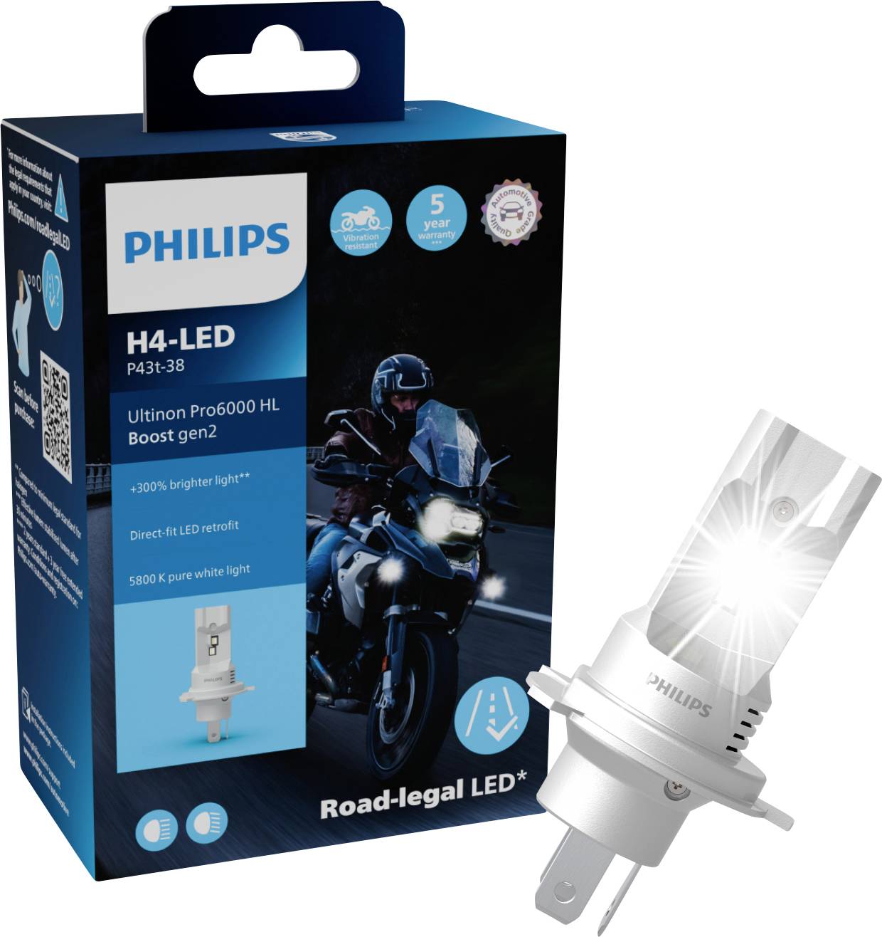 Philipsova embalaža LED-svetilke H4 prikazuje motorista ponoči. Cestno homologirano, 5800K bela svetloba.