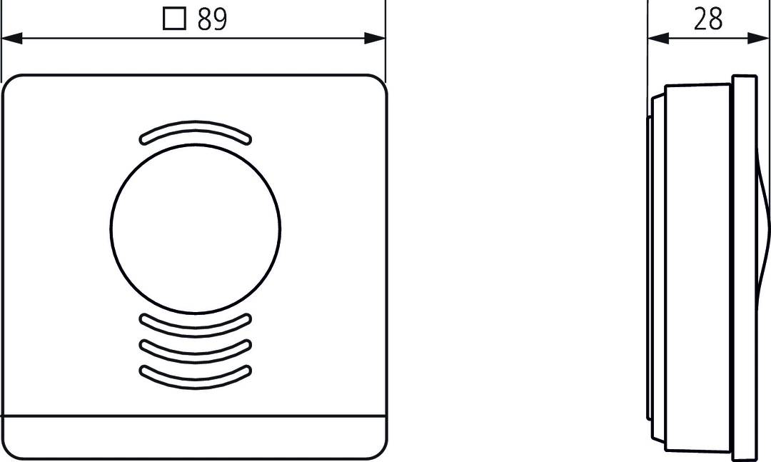 'Diagram naprave v obliki kvadrata, široke 89 mm, z okroglimi utori in simbolom kvadrata v kotu.'