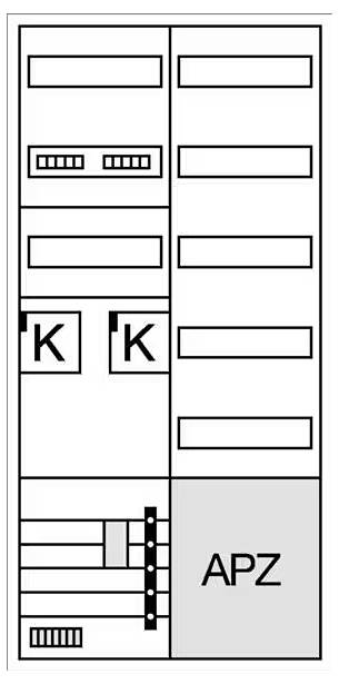 Diagram stikalne omare z različnimi predali za sponke ('K') in prostorom za 'APZ' področje desno spodaj.