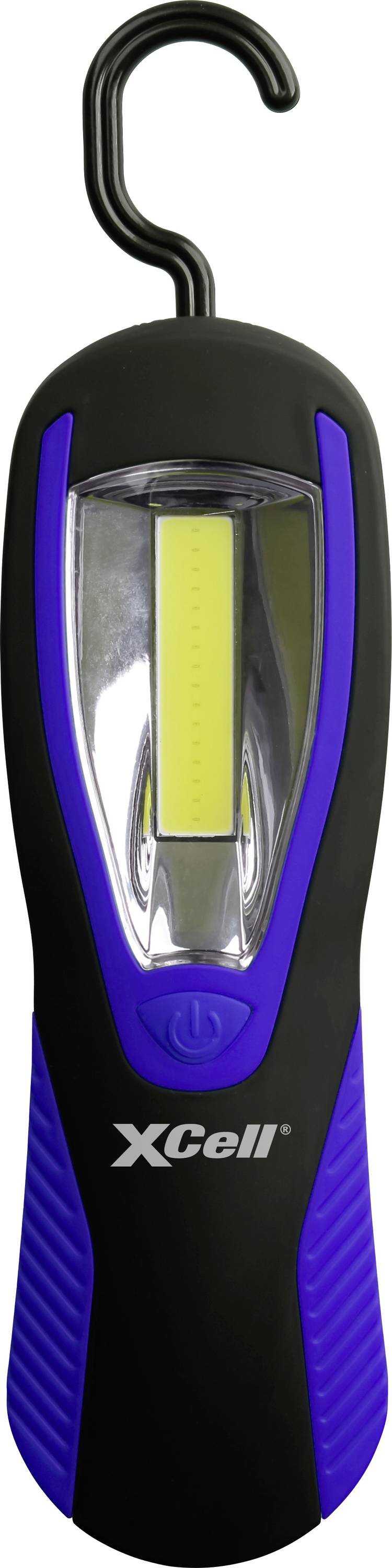 Črna in modra prenosna LED delovna svetilka z zatičem in logotipom XCell spredaj.