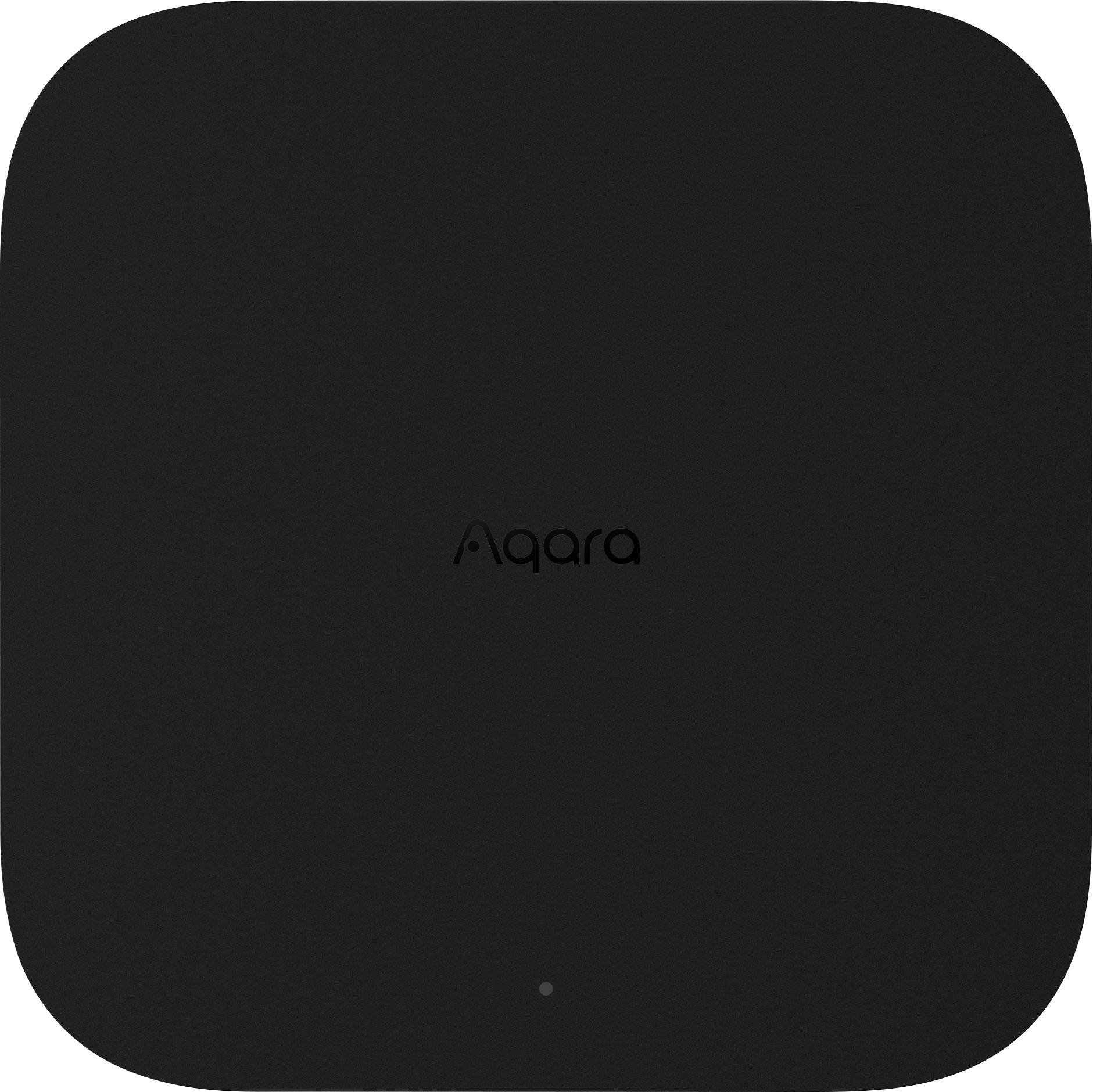 Črn, kvadraten Smart-Home-Hub z logotipom 'Aqara' na sredini.