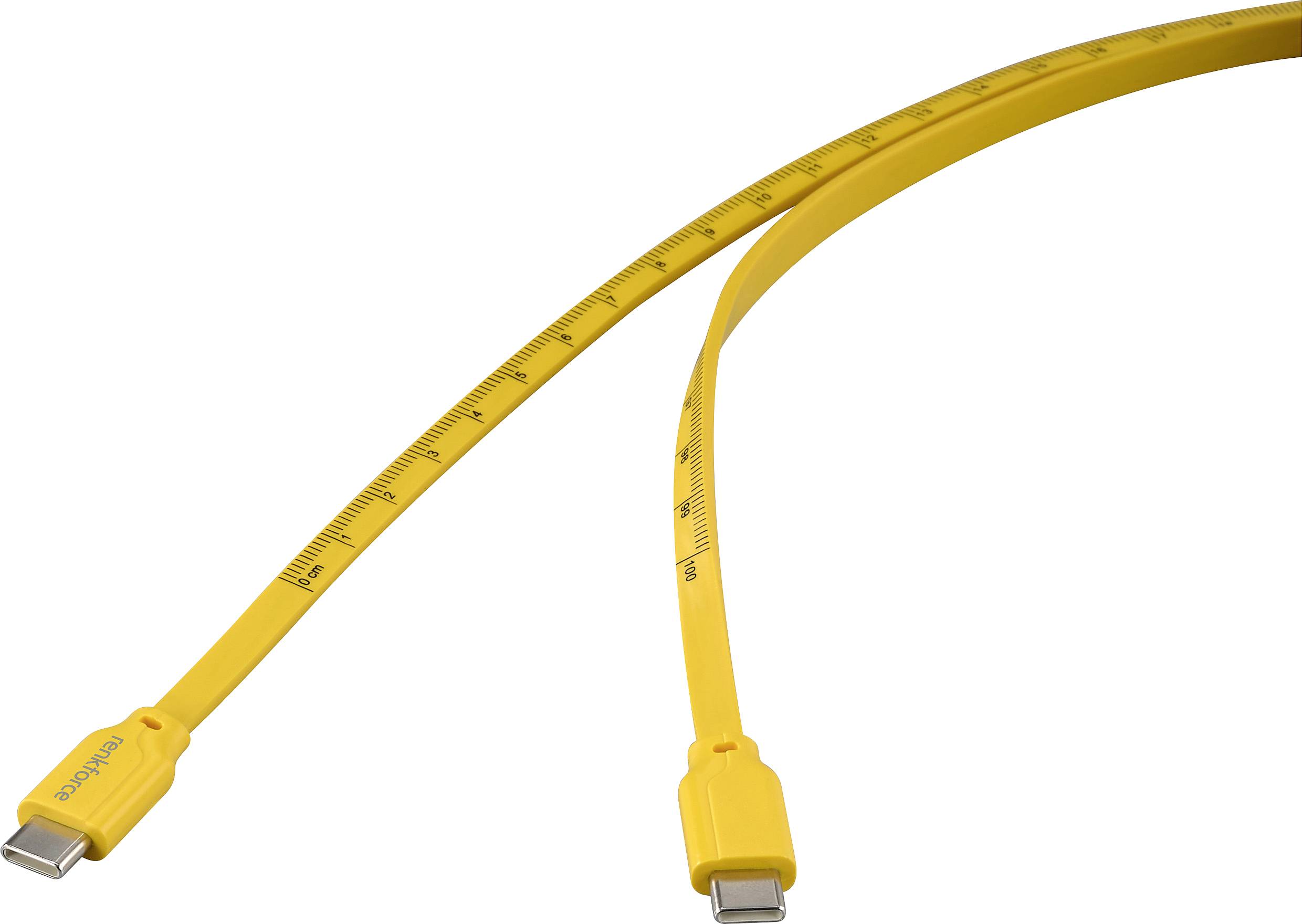 Rumeno USB-kabla v obliki prožnega merilnega traku z označenimi centimetrskimi oznakami.