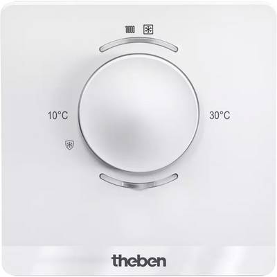 Bel sobni termostat znamke 'Theben' z vrtljivim regulatorjem prikazuje temperaturno območje od 10°C do 30°C.
