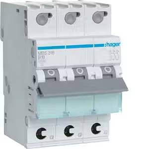 Prikaz tristranskega instalacijskega odklopnika znamke Hager, model MBS316 B16. Najpogosteje uporabljen v električnih razdelilnih omaricah.