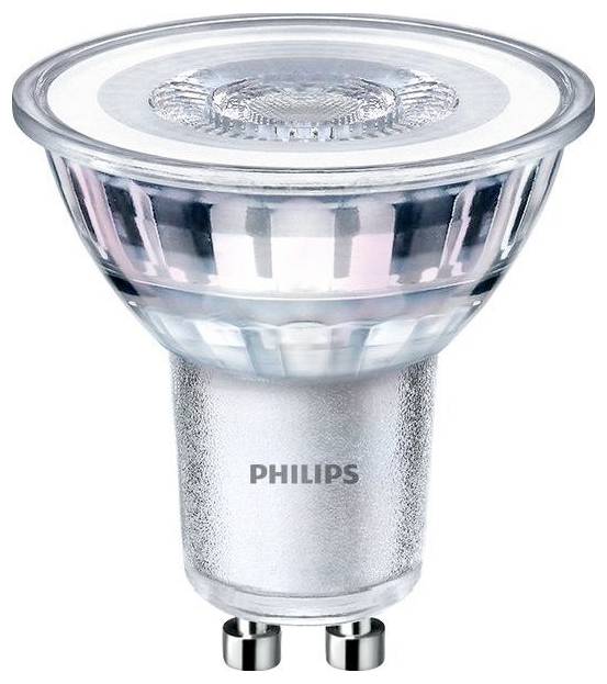 Philipsova LED-žarnica z vgrajeno GU10 podnožjem, primerna za varčno razsvetljavo v bivalnih ali delovnih prostorih.