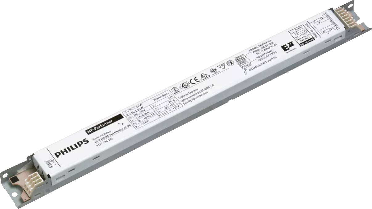 Elektronska Philips predstikalna naprava za fluorescenčne svetilke, podolgovata in srebrne barve, s tehničnimi specifikacijami natisnjenim nanjo.
