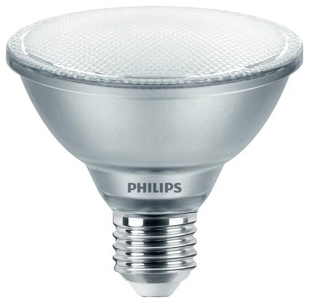 LED-svetilka znamke Philips s srebrno obrobo in strukturirano površino, namenjena osvetljevanju bivalnih in delovnih prostorov.