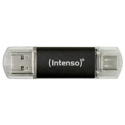 USB ključek z napisom 'Intenso' ima prozorne pokrovčke in priključke na obeh straneh.