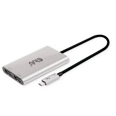 'Aluminijast USB-C na HDMI adapter z dvema HDMI izhodoma in priključkom USB-C. Podpira prenos videa 4K.'