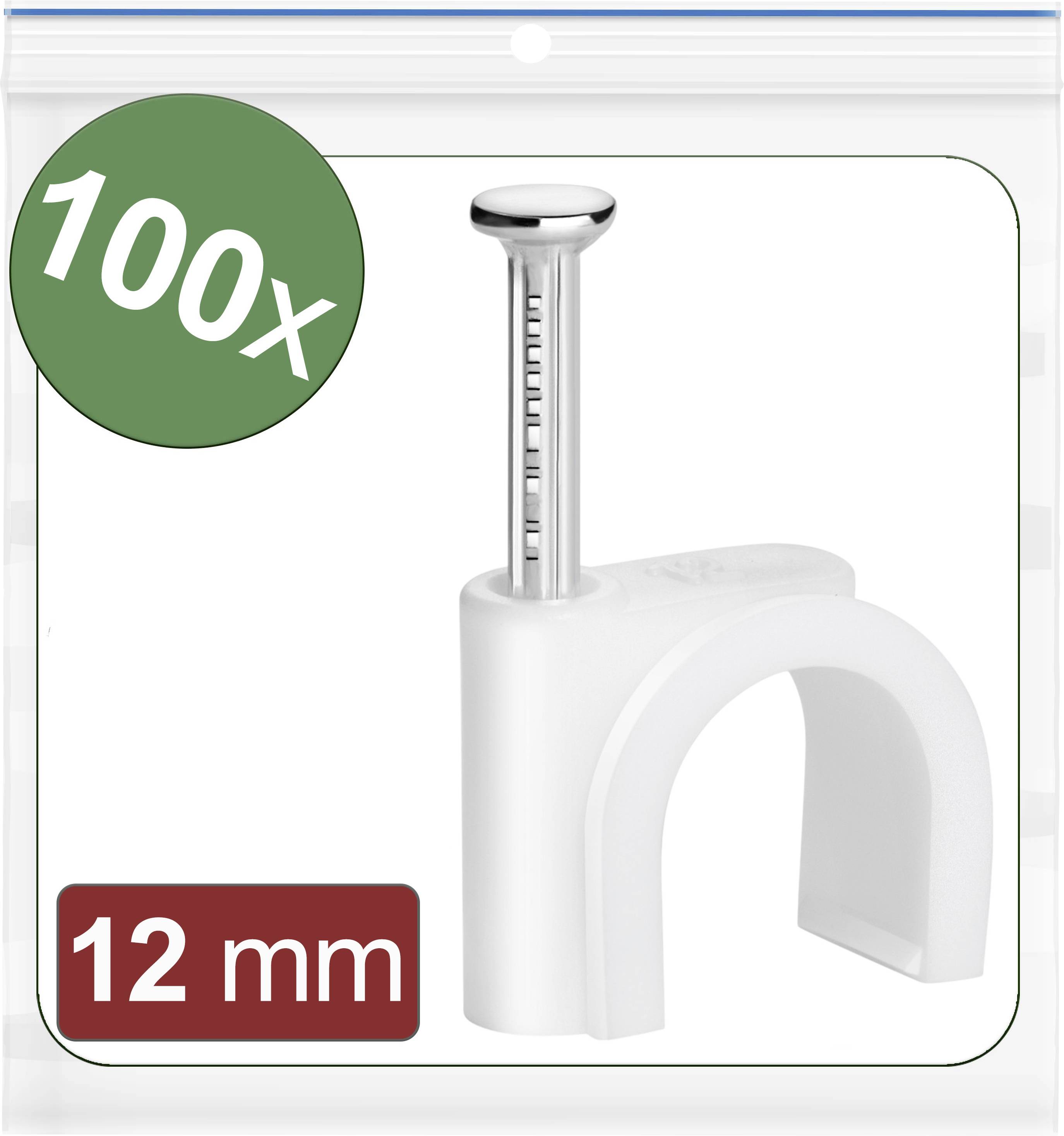 Vrečka s 100 kabelskimi sponkami, 12 mm, bele barve. Vsebuje žeblje za pritrditev. Primerno za upravljanje kablov.