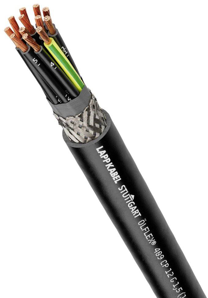 Črn kabel z več bakrenimi vodniki v prerezu, deloma označen z 'Lappkabel Stuttgart'. Primeren za industrijske aplikacije.