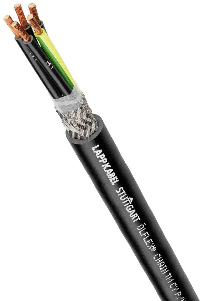 Električni kabel z več bakrenimi žicami, prekrit s črno izolacijo. Napis 'LappKabel Stuttgart' je viden.