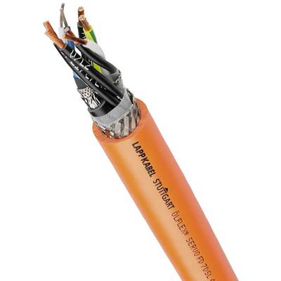 Oranžen, robusten industrijski kabel z črnimi, modrimi in zelenimi konci žic. Oznaka prikazuje blagovno znamko in številko modela.