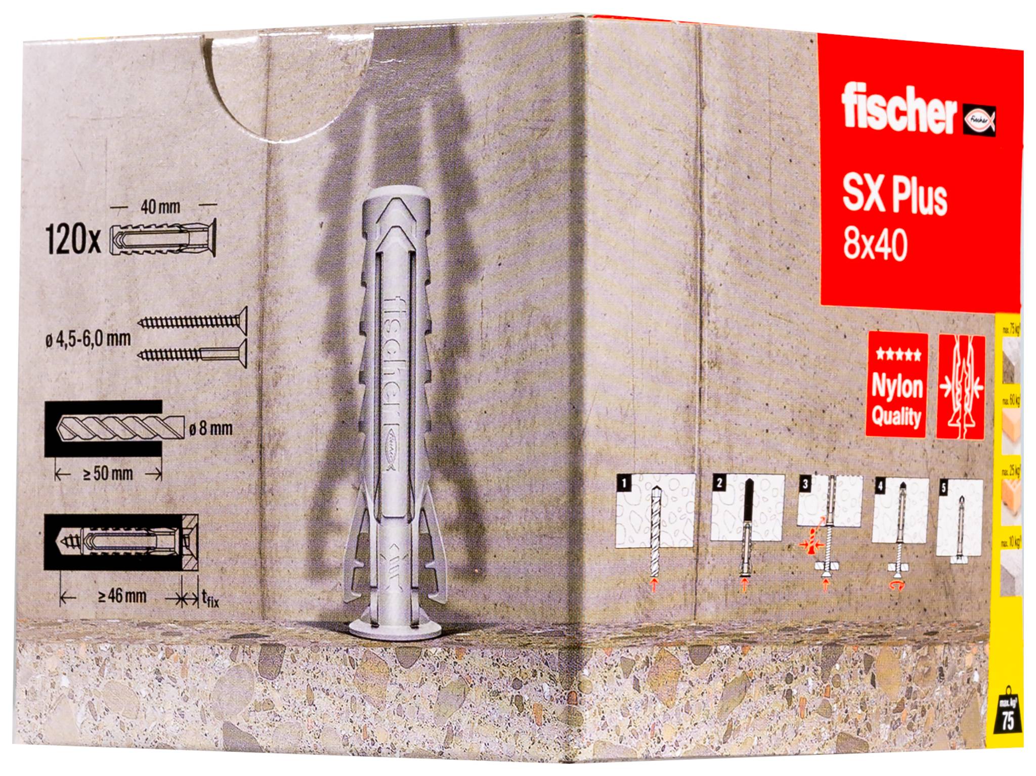 Paket Fischer SX Plus 8x40 stenskih čepov, prikazuje siv najlonski kotvenik v vrtini z navodili za namestitev in specifikacijami velikosti.