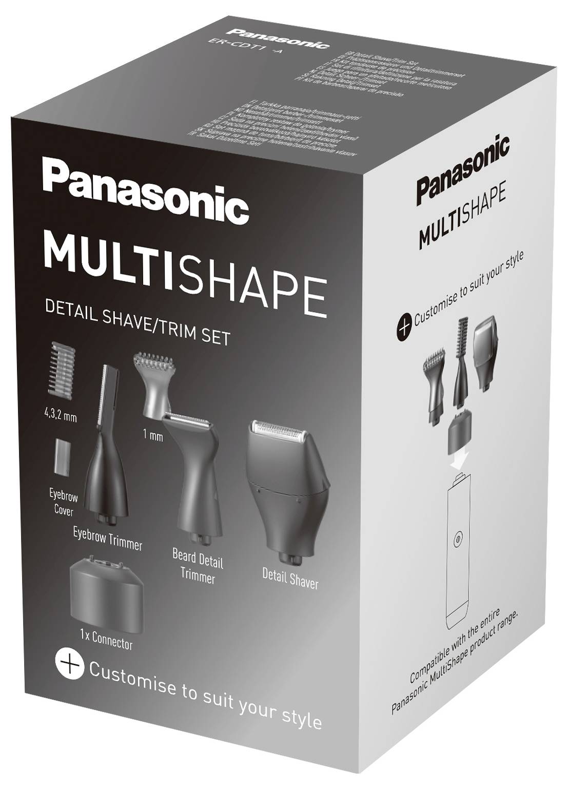 Kartonska škatla z napisom 'Panasonic MULTISHAPE DETAIL SHAVE/TRIM SET'. Vsebuje različne nastavke za britje in urejanje poraščenosti.
