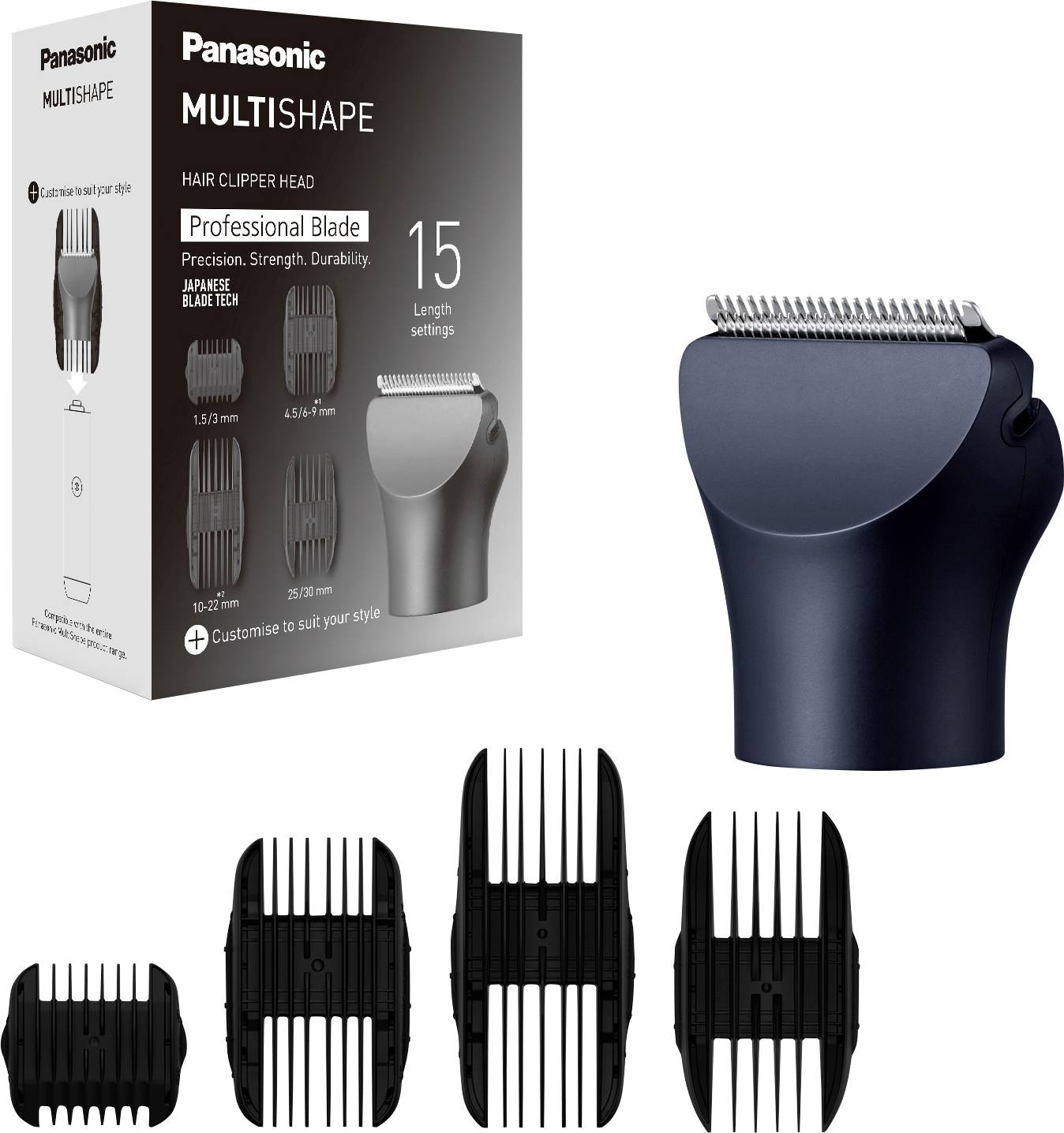 Panasonic Multishape nastavek za striženje las z 15 nastavitvami dolžine in štirimi nastavki. Embalaža prikazuje 'Profesionalno rezilo' in 'Prilagodi si stil'.