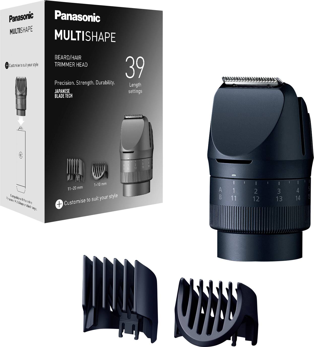 Nastavek za brado/lase 'Panasonic MULTISHAPE' z 39 nastavitvami dolžine. Preciznost in moč, prikazana z dvema glavnikoma.